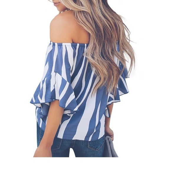 Striped Off Shoulder Tie Front Top - Picture 3 of 3